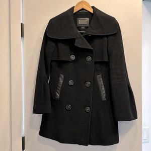 Mackage black wool peacoat with leather trim.